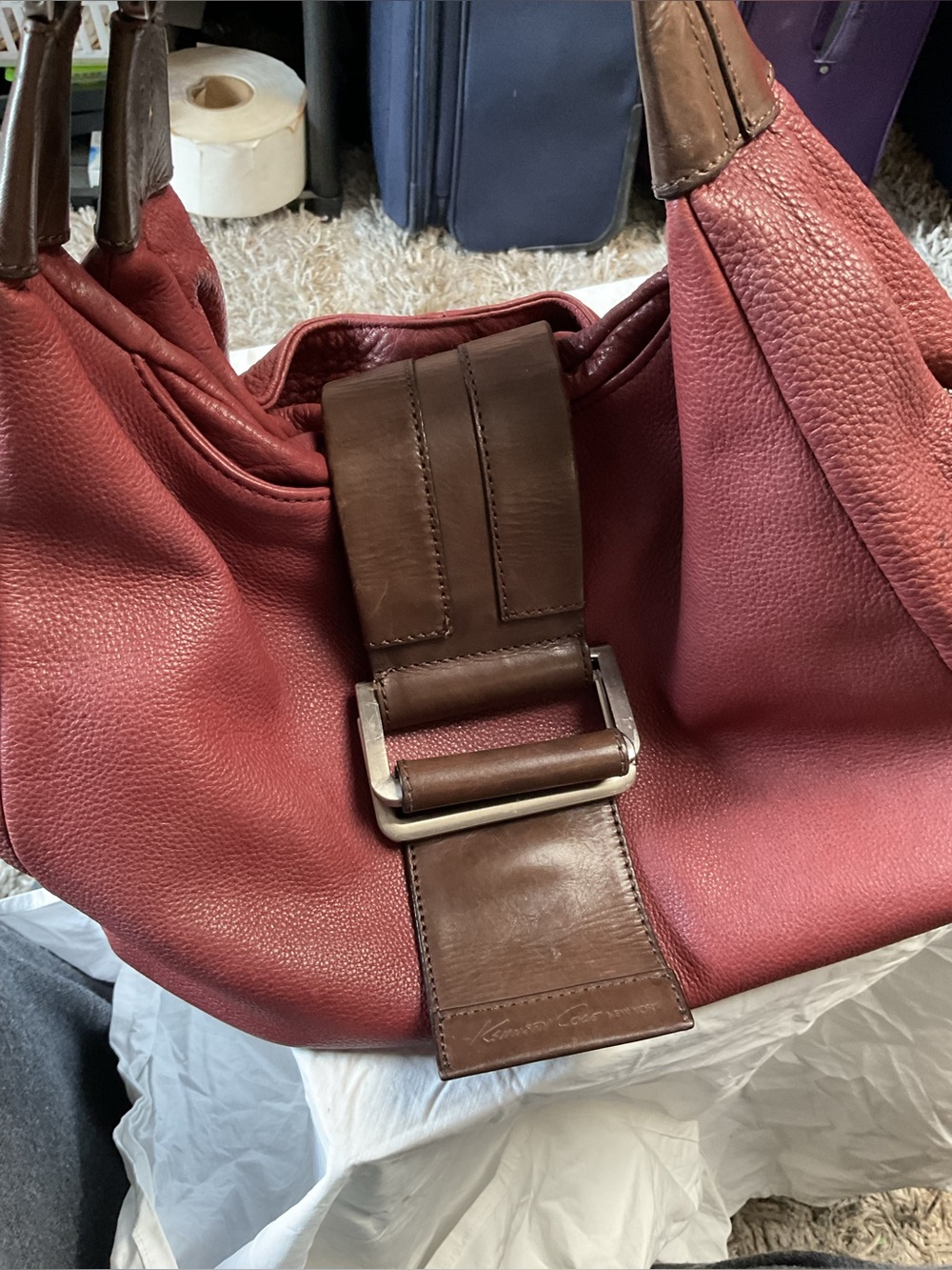 Kenneth Cole Burgundy Pebbled Leather Hobo with Brown Trim